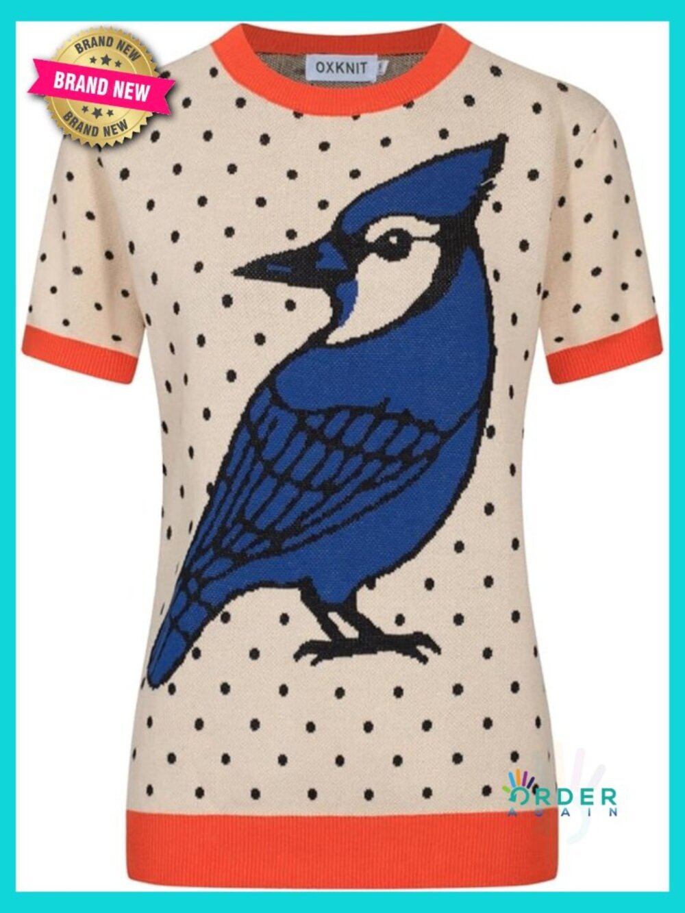 Retro Bird Pattern Knit T-Shirt Vintage 1960s Crewneck Summer Casual Blouse